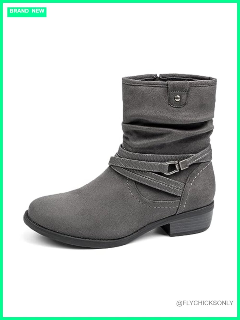 Faux Suede Mid Calf Boot Round Toe Low Heel Slouchy Bootie Side Zipper